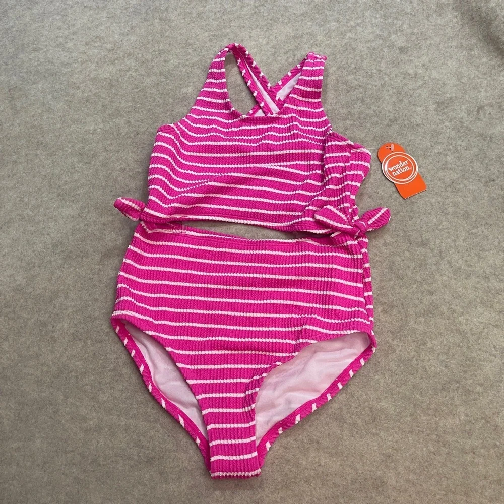 Wonder Nation Pink White Stripes Ribbed Cutout Bow Tie Sides Swimsuit Girls size